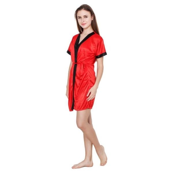 Fancyra Stylish Nightwear Set With Robe And Bikini Bra Panty Free Size Red Color - Image 5
