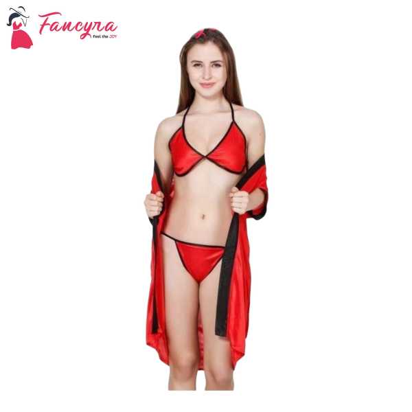Fancyra Stylish Nightwear Set With Robe And Bikini Bra Panty Free Size Red Color