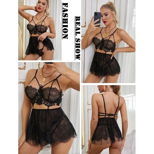 Fancyra Summer Lace Lingerie for Women Set Babydoll Chemise with Mesh - Image 3