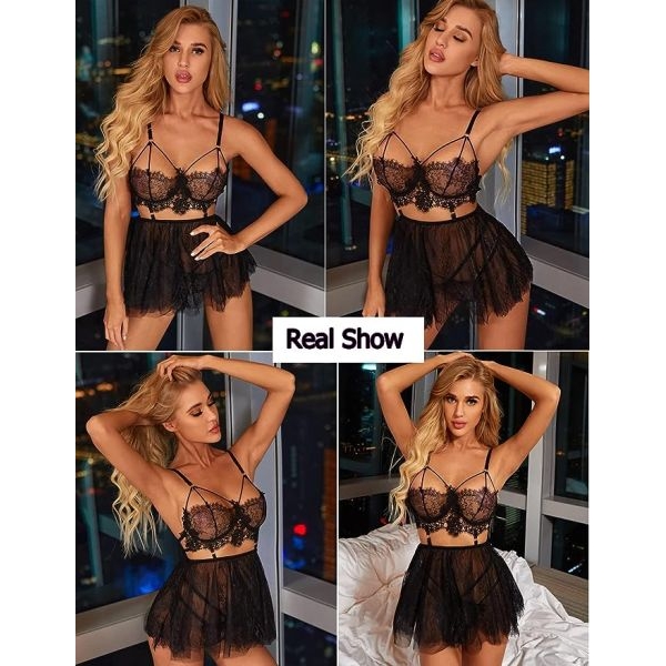Fancyra Summer Lace Lingerie for Women Set Babydoll Chemise with Mesh - Image 4