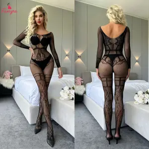 Fancyra Transparent Long Sleeved Fishnet Bodysuit Body Stockings For Women