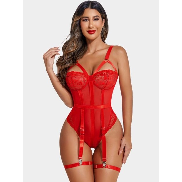 Fancyra Transparent Soft Net Lace Garter Teddy Bodysuit Lingerie Nighty for Women - Image 2