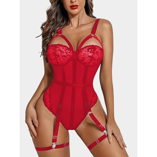 Fancyra Transparent Soft Net Lace Garter Teddy Bodysuit Lingerie Nighty for Women - Image 3