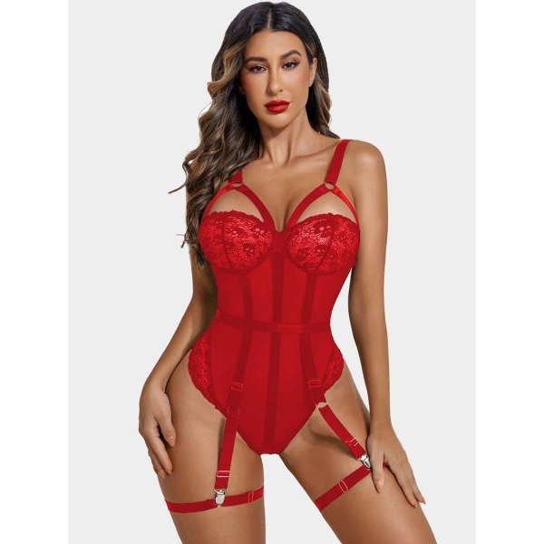Fancyra Transparent Soft Net Lace Garter Teddy Bodysuit Lingerie Nighty for Women - Image 5