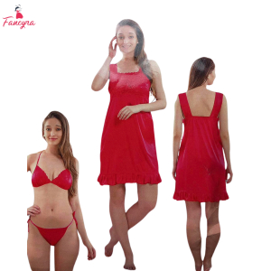 Fancyra Trendy Hot Pink Women Nightwear - Satin Babydoll & Bikini Set