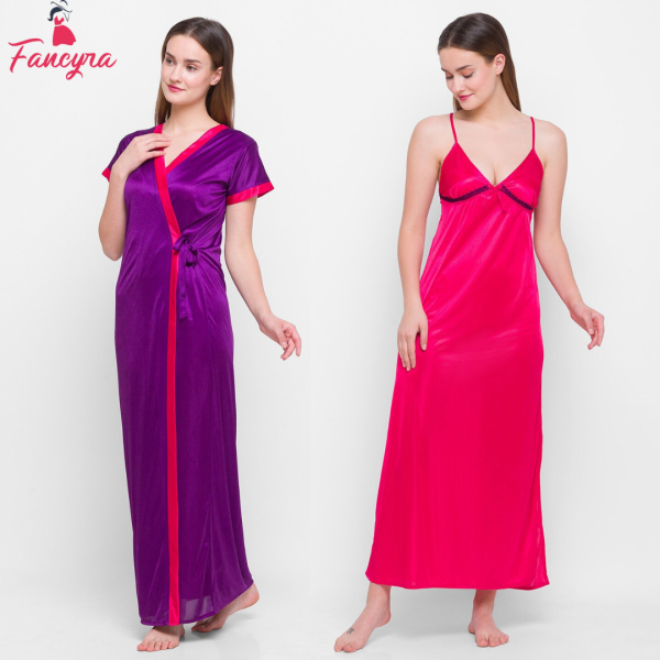 Fancyra Two Piece Set Satin Silk Women Sleepwear Nighty With Outer Robe - Image 2
