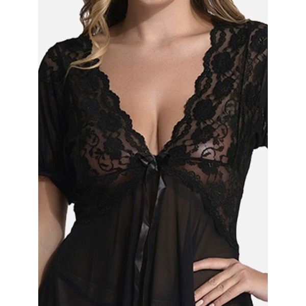 Fancyra V Neck Lace Baby Doll Nightwear Lingerie For Women - Image 4