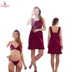 Fancyra Vibrant Magenta Women Nightwear - Satin Babydoll & Bikini Combo