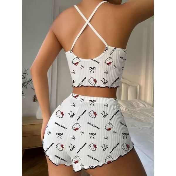 Fancyra White Hello Kitty And Bow Print Casual Comfortable Suspender Shorts & Cami Top Pajama Set - Image 2