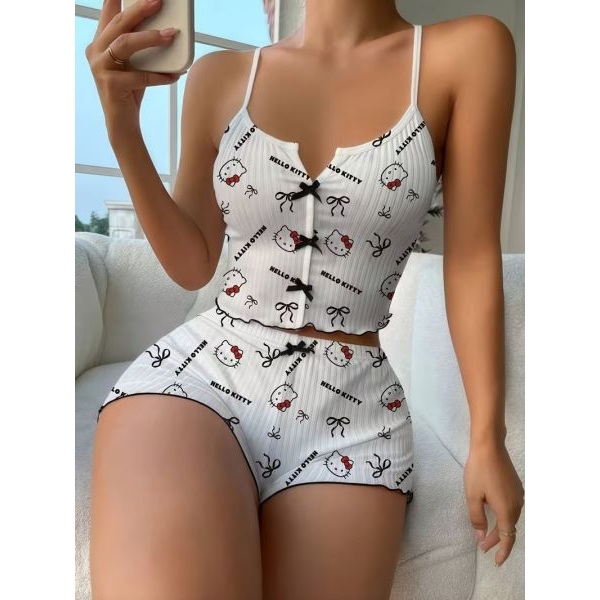 Fancyra White Hello Kitty And Bow Print Casual Comfortable Suspender Shorts & Cami Top Pajama Set - Image 3
