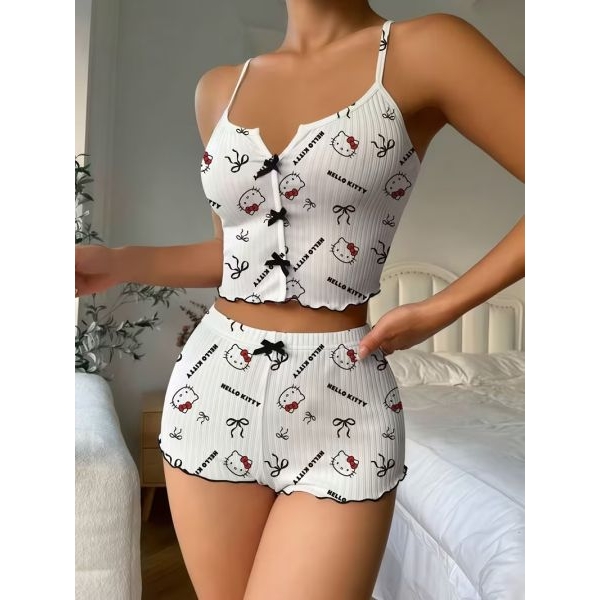 Fancyra White Hello Kitty And Bow Print Casual Comfortable Suspender Shorts & Cami Top Pajama Set - Image 4