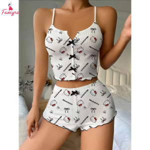 Fancyra White Hello Kitty And Bow Print Casual Comfortable Suspender Shorts & Cami Top Pajama Set