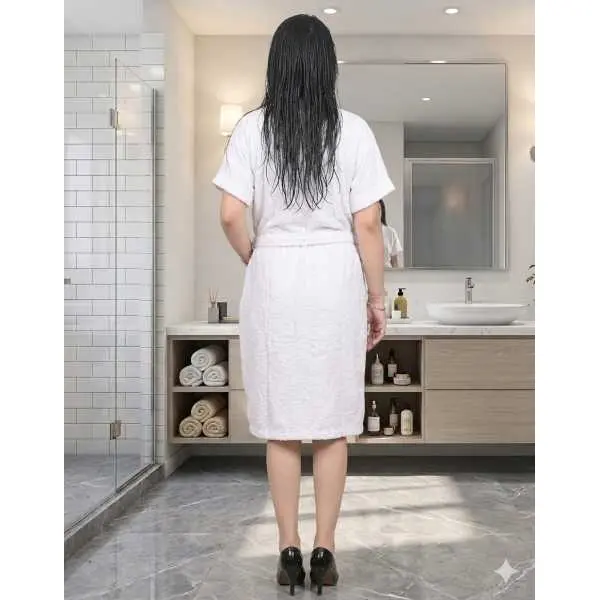 Fancyra White Micro Terry Knee Length One Pocket Midi Bathrobe for Women - Image 2