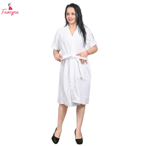 Fancyra White Micro Terry Knee Length One Pocket Midi Bathrobe for Women
