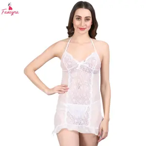 Fancyra White Net Transparent Baby Doll Lingerie Dress for Women
