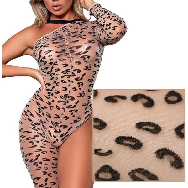Fancyra Wild Leopard Print One-Shoulder Bodysuit Long Sleeve High-Cut Lingerie for Women - Image 4