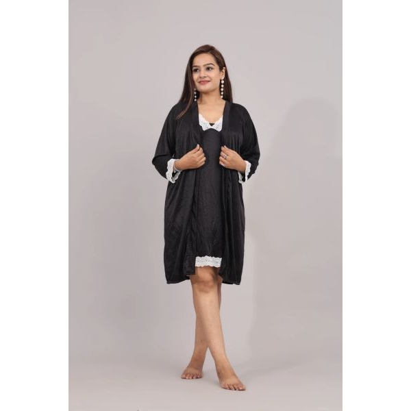 Fancyra Women 2 Pc Set Satin Lace Inner Nighty with Outer Robe Nightwear - Image 2