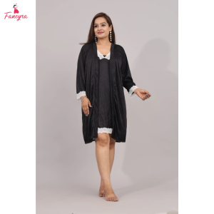 Fancyra Women 2 Pc Set Satin Lace Inner Nighty with Outer Robe Nightwear
