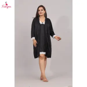 Fancyra Women 2 Pc Set Satin Lace Inner Nighty with Outer Robe Nightwear