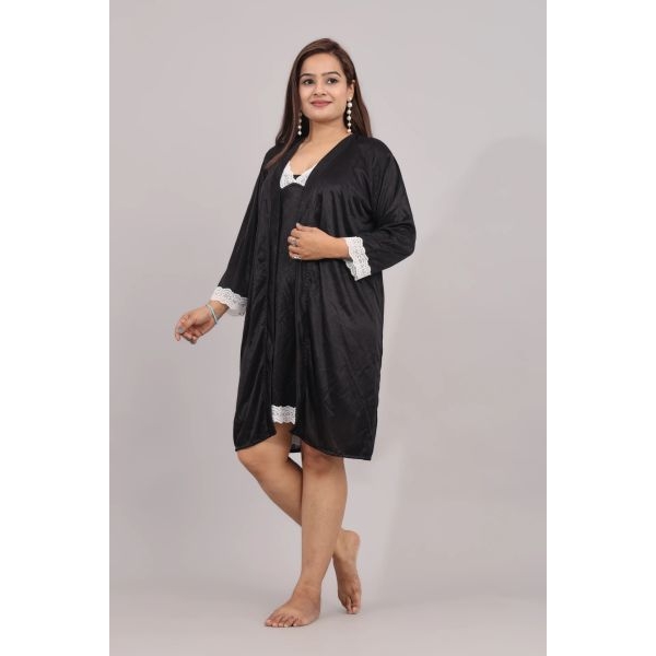 Fancyra Women 2 Pc Set Satin Lace Inner Nighty with Outer Robe Nightwear - Image 5