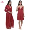 Fancyra Women 2 Pcs Set Elegant Satin Nighty with Outer Robe Nightdress