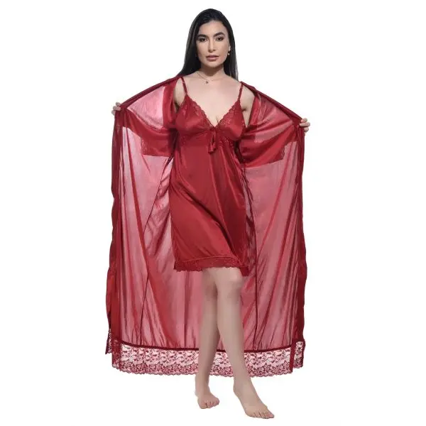 Fancyra Women 2 Pcs Set Elegant Satin Nighty with Outer Robe Nightdress - Image 3