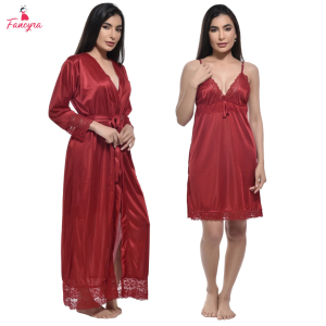Fancyra Women 2 Pcs Set Elegant Satin Nighty with Outer Robe Nightdress