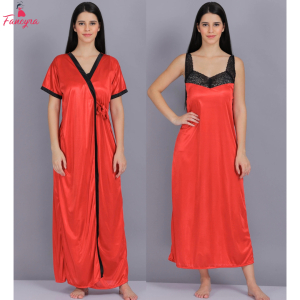 Fancyra Women 2 Pcs Set Nighty with Robe - Long Inner and Outer Robe Nightwear