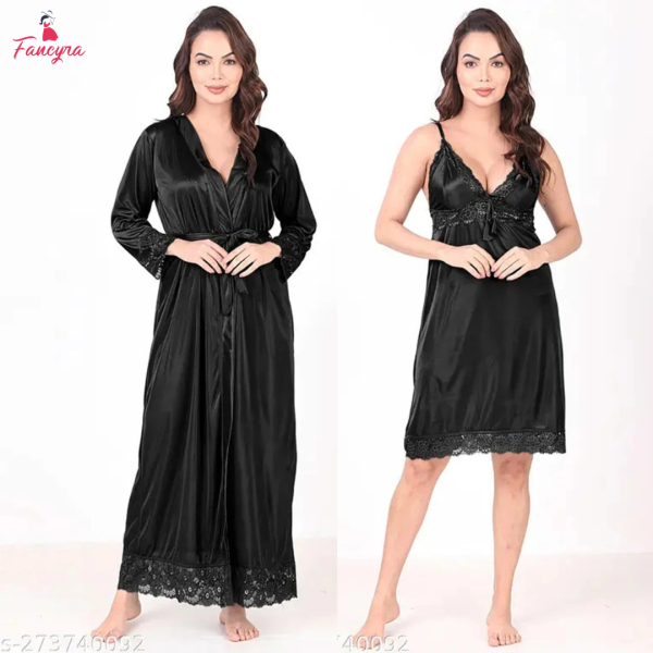 Fancyra Women 2 Pcs Set Satin Lace Nighty with Robe Nightwear - Image 2