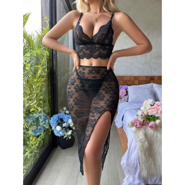 Fancyra Women 2-Piece Floral Lace Lingerie Set, Bralette and Sheer Skirt - Image 3