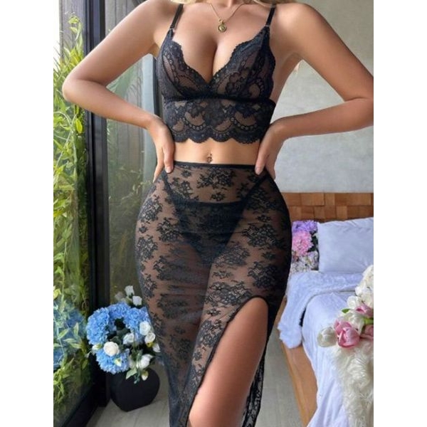 Fancyra Women 2-Piece Floral Lace Lingerie Set, Bralette and Sheer Skirt - Image 5