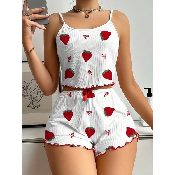 Fancyra Women 2 Piece Strawberry Printed Pajama Sets Cami Top and Shorts - Image 4