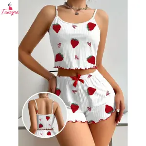 Fancyra Women 2 Piece Strawberry Printed Pajama Sets Cami Top and Shorts