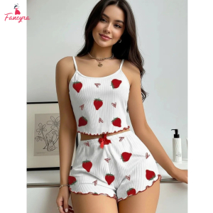 Fancyra Women 2 Piece Strawberry Printed Pajama Sets Cami Top and Shorts Sleepwear