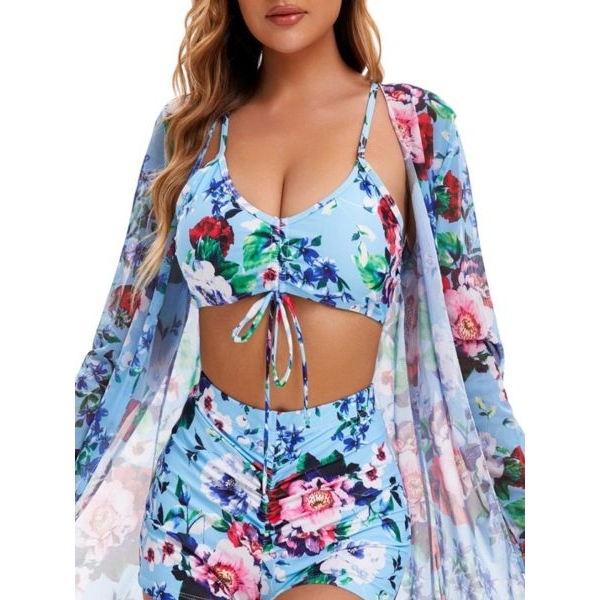 Fancyra Women 3 Piece Floral Printed Cami Top and Shorts with Swimwear Coverup Set - Image 3