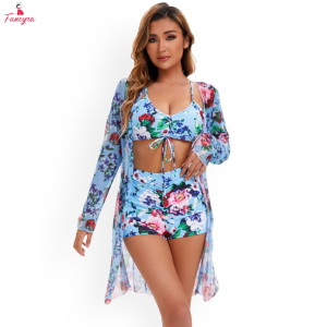 Fancyra Women 3 Piece Floral Printed Cami Top and Shorts with Swimwear Coverup Set
