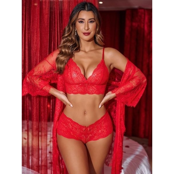 Fancyra Women 3-Piece Lace Floral Mesh Lingerie Kimono Robe and Bra Panty Set - Image 2