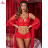 Fancyra Women 3-Piece Lace Floral Mesh Lingerie Kimono Robe and Bra Panty Set