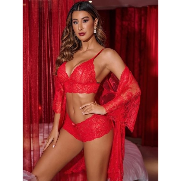 Fancyra Women 3-Piece Lace Floral Mesh Lingerie Kimono Robe and Bra Panty Set - Image 3