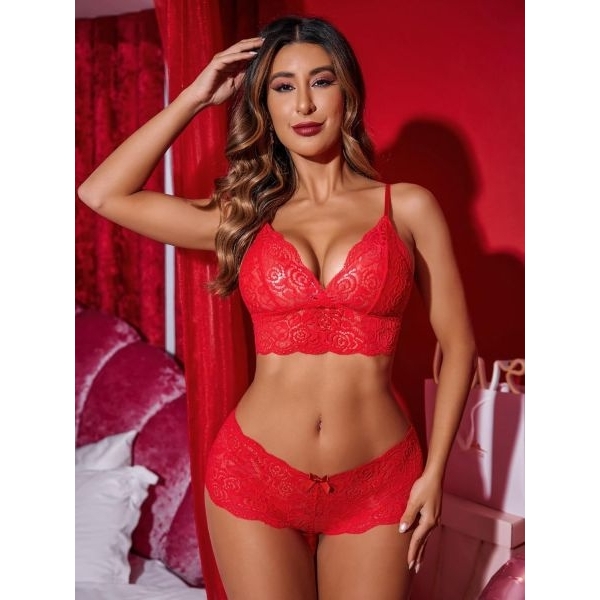 Fancyra Women 3-Piece Lace Floral Mesh Lingerie Kimono Robe and Bra Panty Set - Image 4