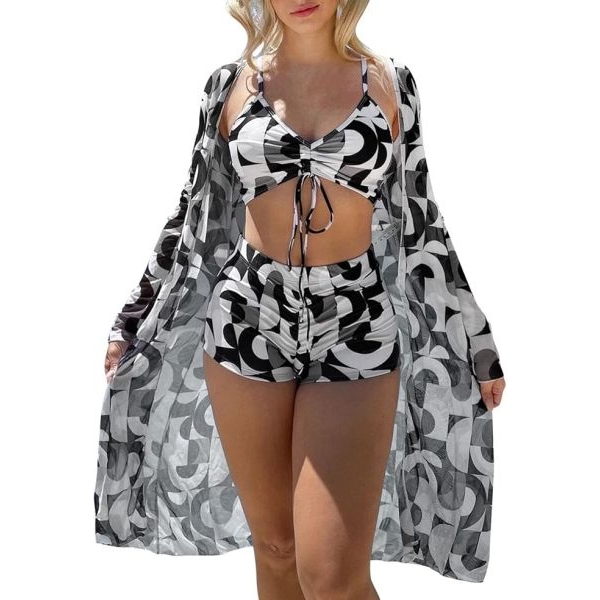 Fancyra Women 3 Piece Printed Bikini Set Long Sleeve Cover Up Swimsuit Beach Wear - Image 2