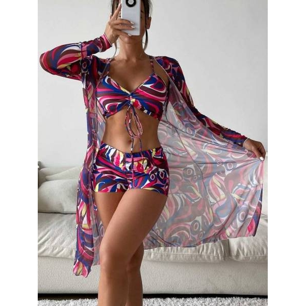 Fancyra Women 3 Piece Printed Bikini Set Long Sleeve Cover Up Swimsuit Beach Wear - Image 3