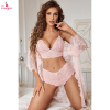 Fancyra Women 3 Piece Set Bra and Panty with Lace Kimono Robe Mesh Nighty Lingerie