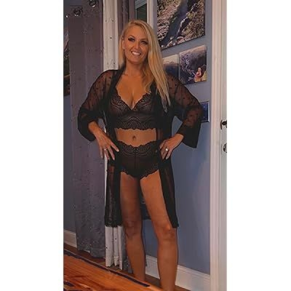 Fancyra Women 3 Piece Set Kimono Robe Lace Lingerie With Bra Panty Sheer Sleepwear - Image 3