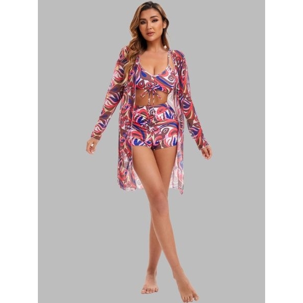 Fancyra Women 3 Pieces Printed Ruched Tropical Swimwear Bikini Top with High Wasited Shorts and Cover up Set - Image 2