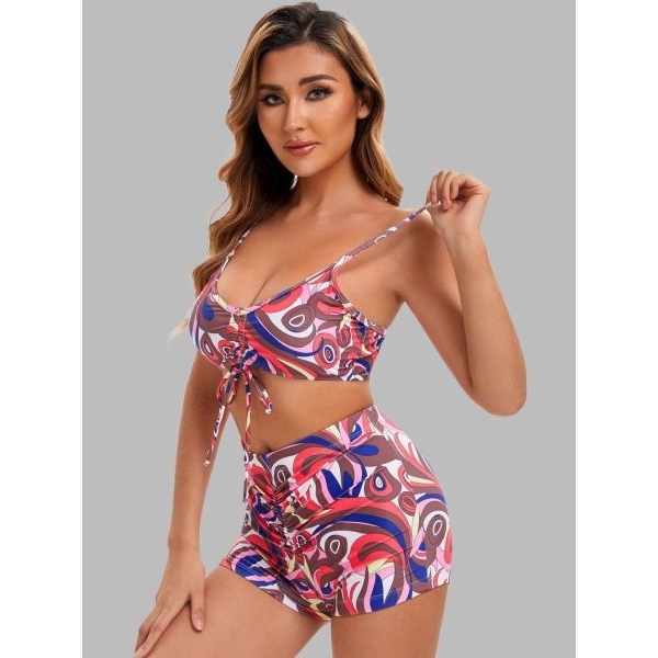 Fancyra Women 3 Pieces Printed Ruched Tropical Swimwear Bikini Top with High Wasited Shorts and Cover up Set - Image 4