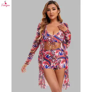 Fancyra Women 3 Pieces Printed Ruched Tropical Swimwear Bikini Top with High Wasited Shorts and Cover up Set