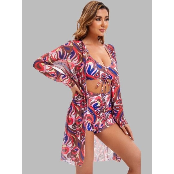 Fancyra Women 3 Pieces Printed Ruched Tropical Swimwear Bikini Top with High Wasited Shorts and Cover up Set - Image 5