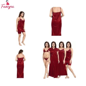 Fancyra Women 4 Pack Of Night dress Night Wear Solid Satin Nighty Gown For Women
