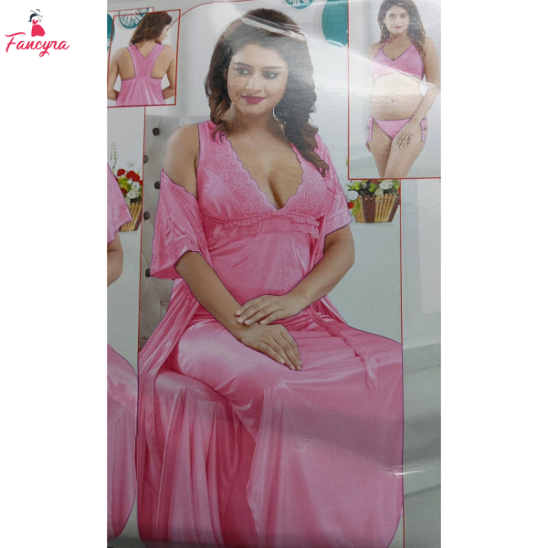 Fancyra Women 6 Pieces Set Pink Satin Nightwear Nighty Set with Gown Top Pants & Lingerie - Image 4